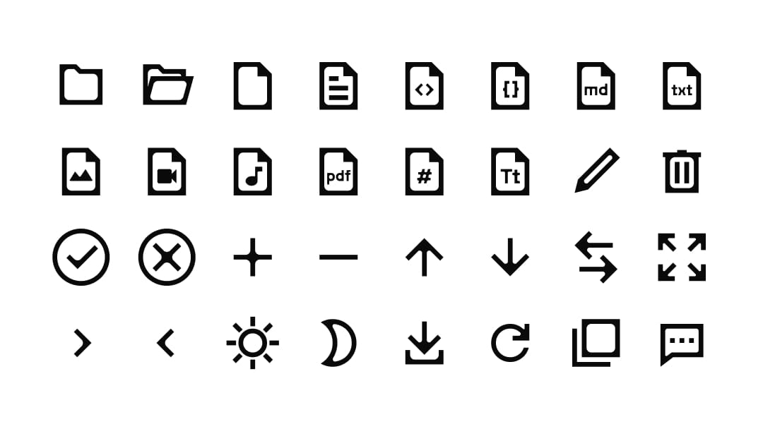 A grid of 32 monochrome icons: folders, file types including md, txt, pdf, image, video, audio and code, plus actions like add, delete, undo, download and a light and dark toggle