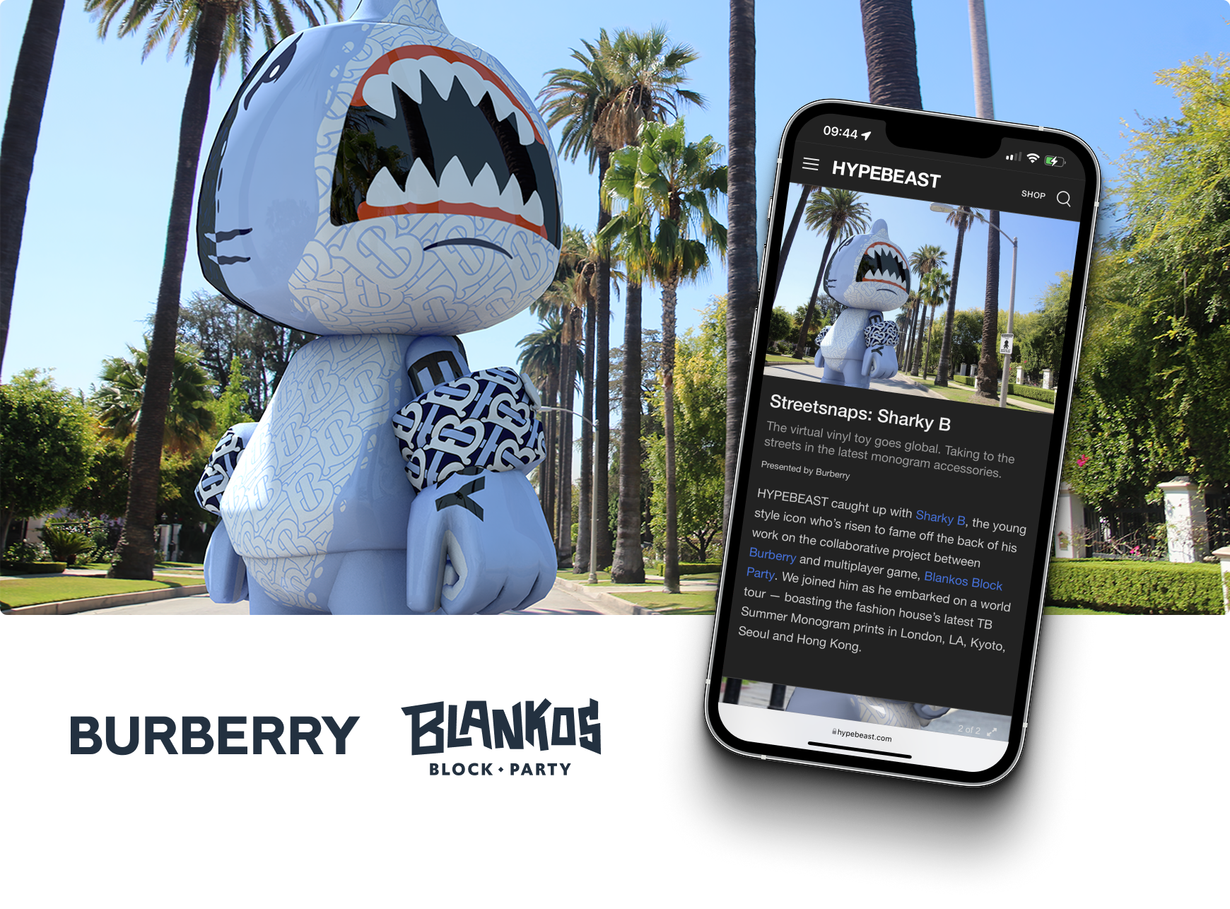 Sharky B key visual with the Hypebeast Streetsnaps article shown on a phone