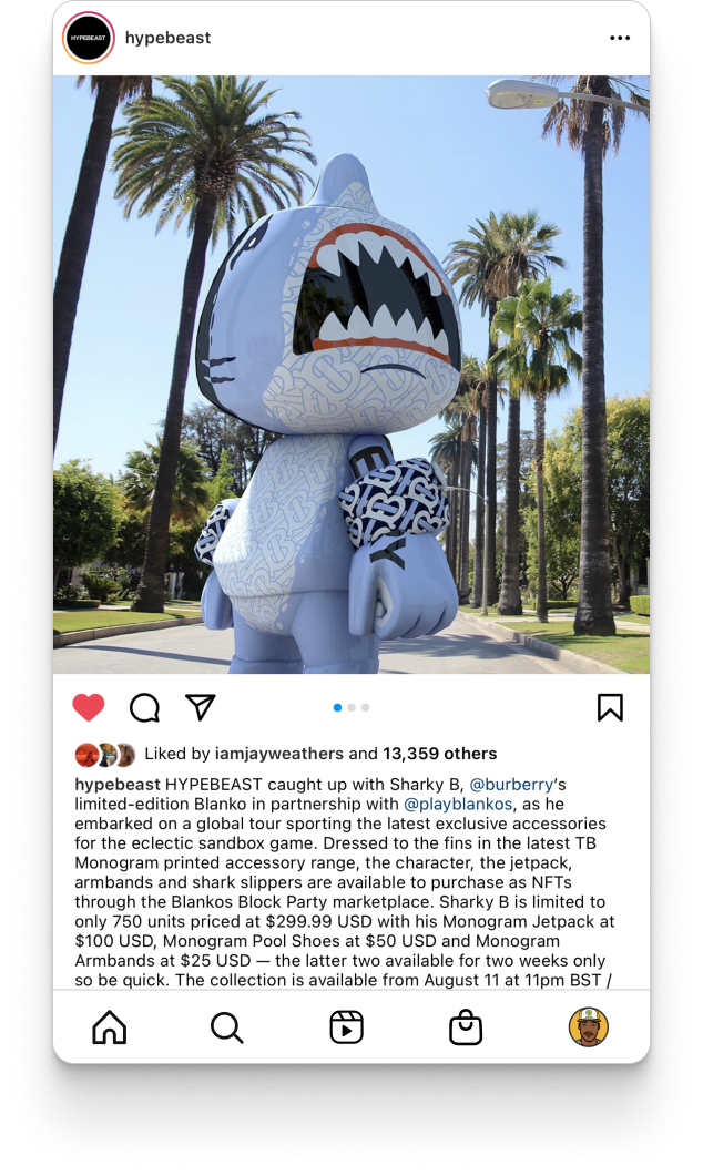 Hypebeast Instagram post announcing the Sharky B collaboration