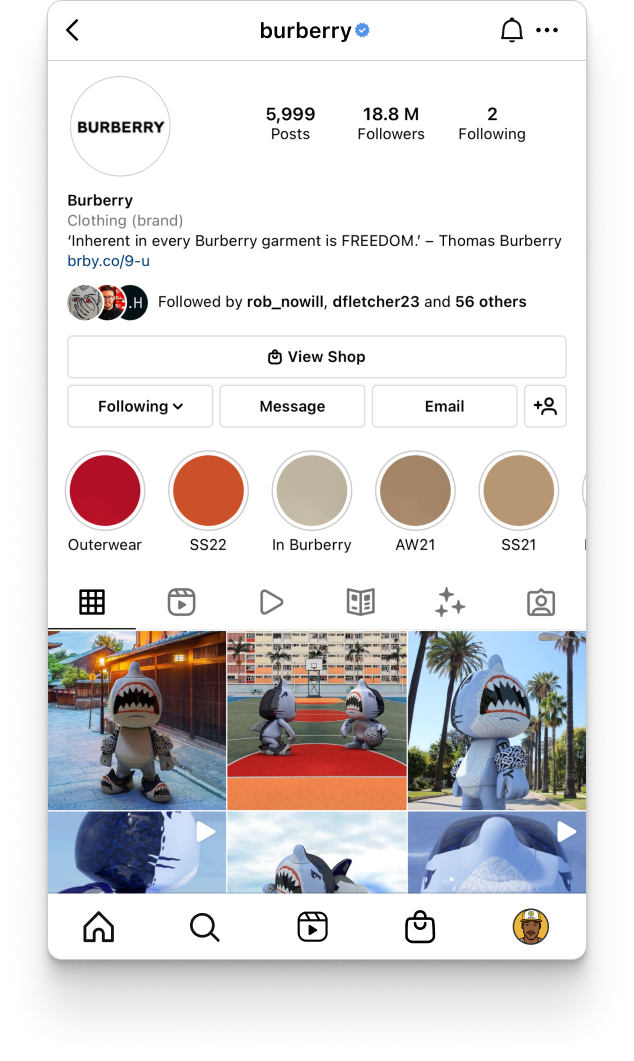 Burberry Instagram profile with the Sharky B world tour grid