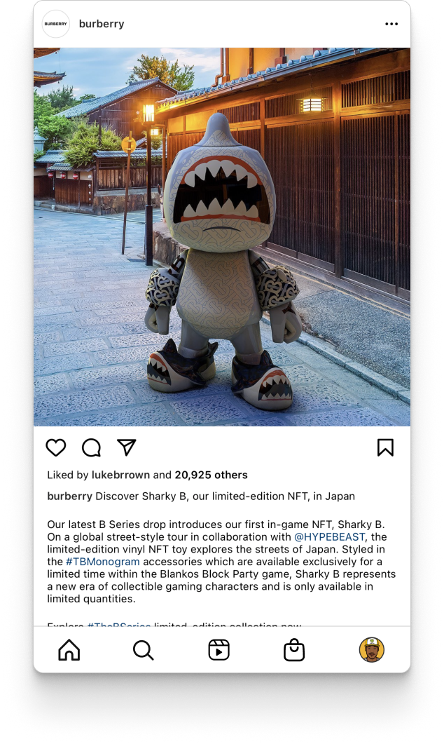 Burberry Instagram post of Sharky B in Japan