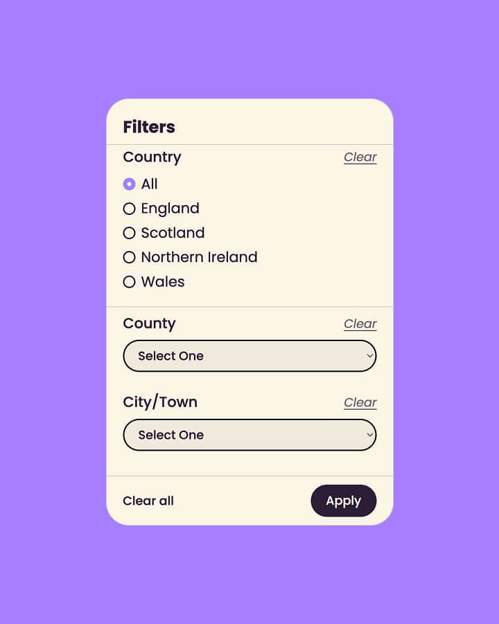 Filters panel with country, county and city options for narrowing the club search
