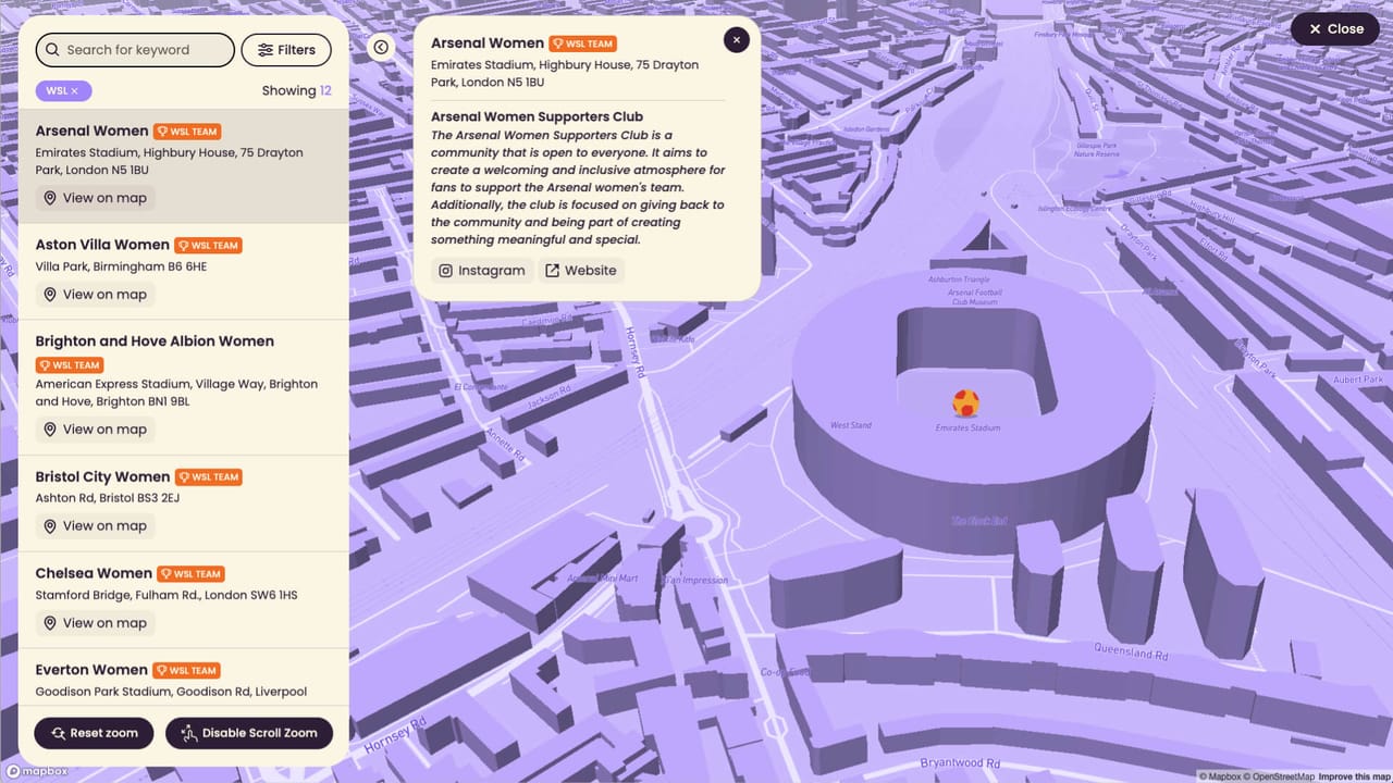 Desktop interactive map with the WSL club directory, Arsenal Women detail panel and a 3D Emirates Stadium