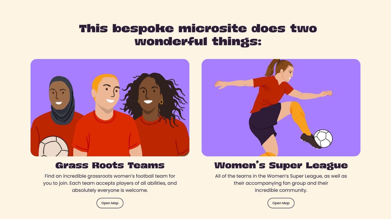 Microsite section introducing the two experiences, Grass Roots Teams and Women's Super League, with player illustrations