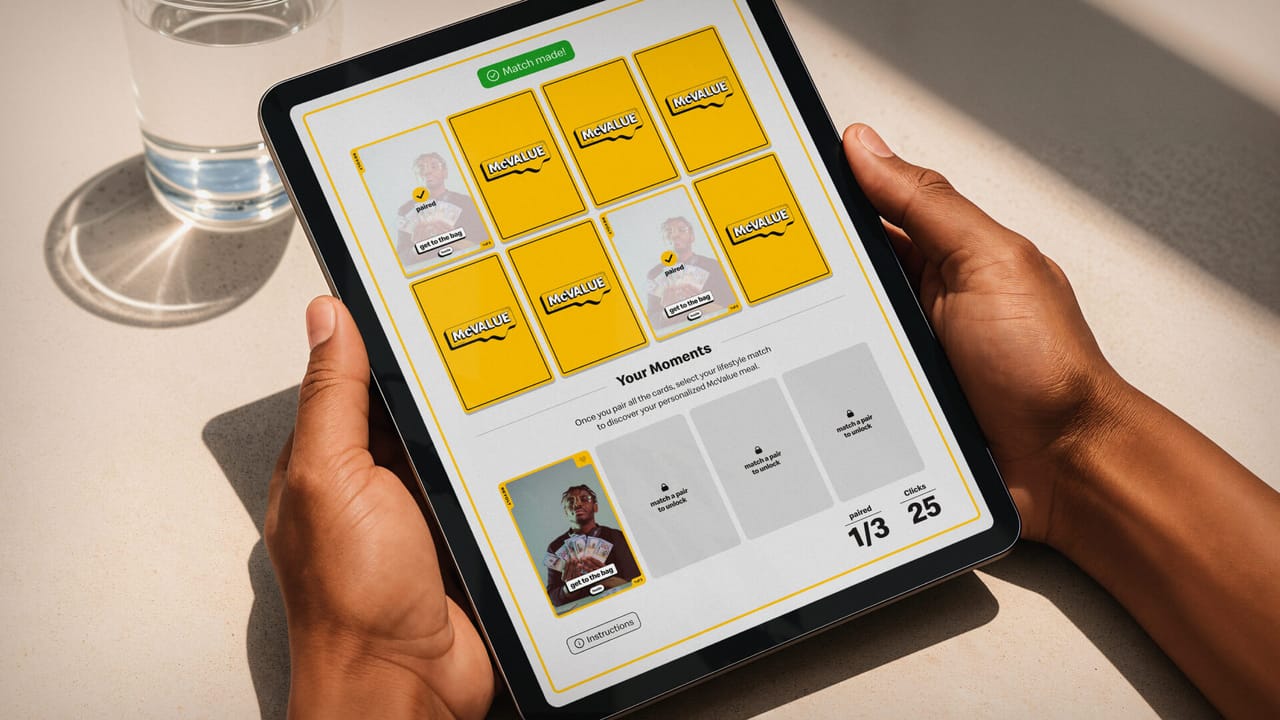 Hands holding a tablet mid-game, a Match made banner over the McValue card grid