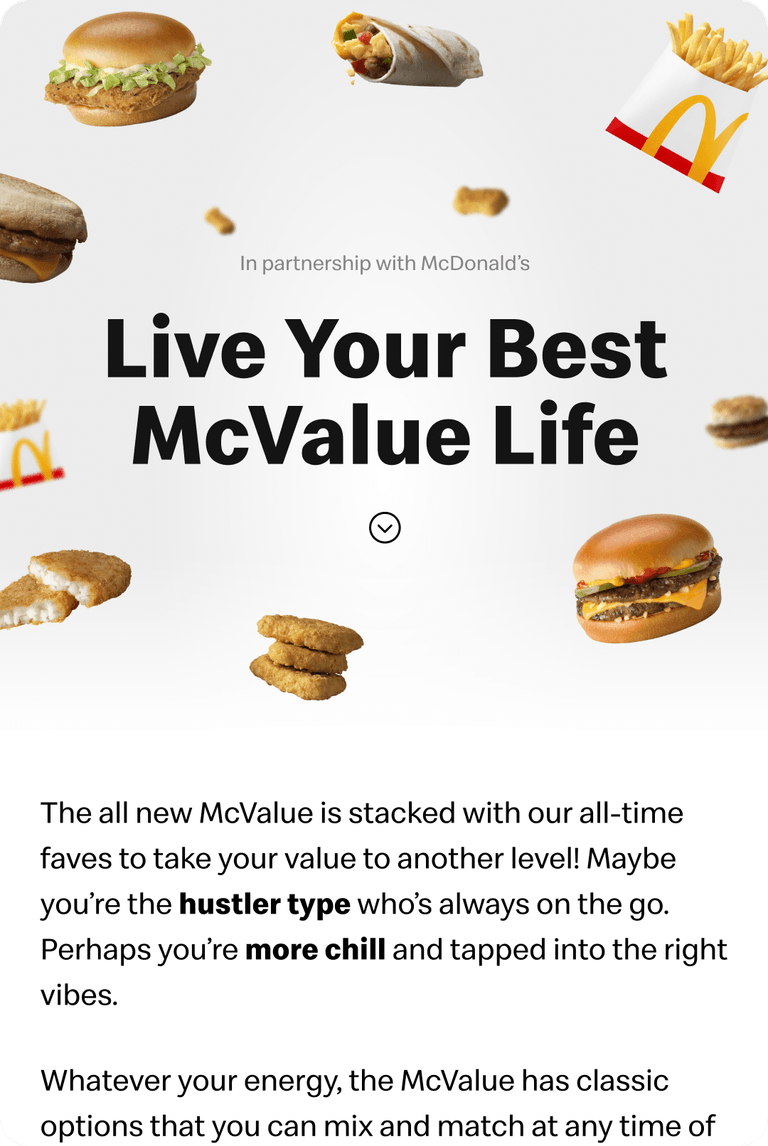 Live Your Best McValue Life landing screen with floating menu items