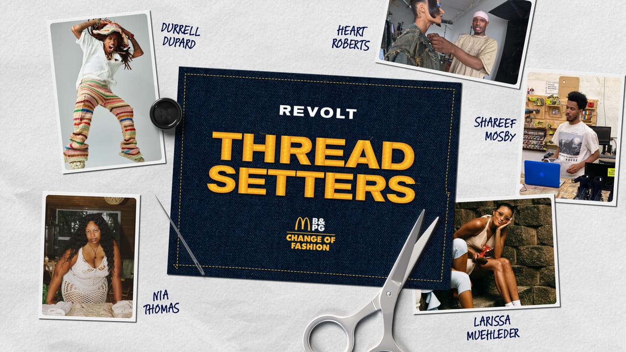 Threadsetters campaign hero with crew designer polaroids around the title card