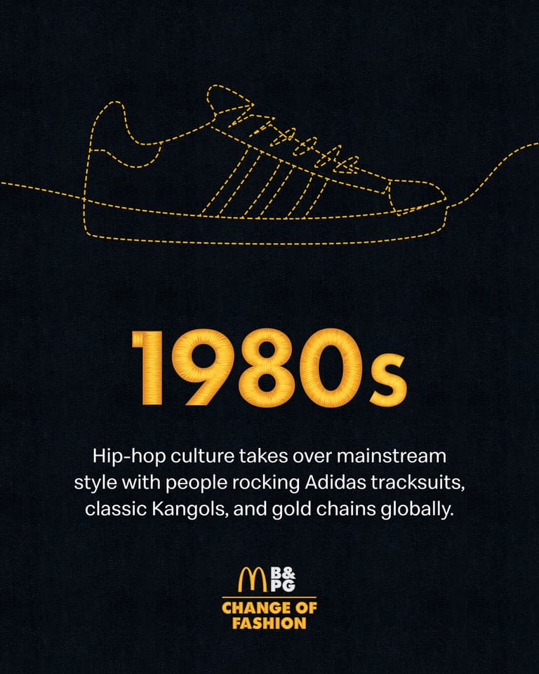 1980s — Adidas tracksuits, classic Kangols and gold chains
