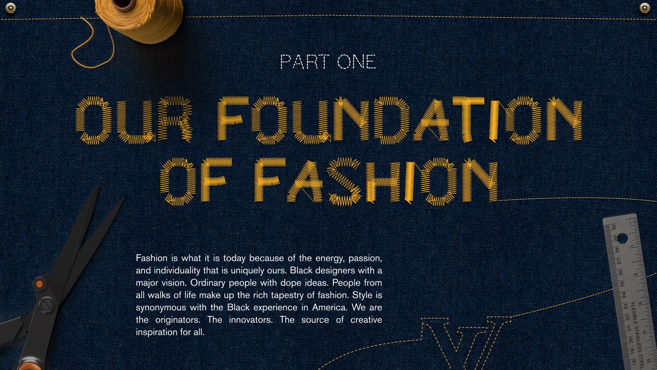 Part one title screen: Our Foundation of Fashion in gold thread on denim