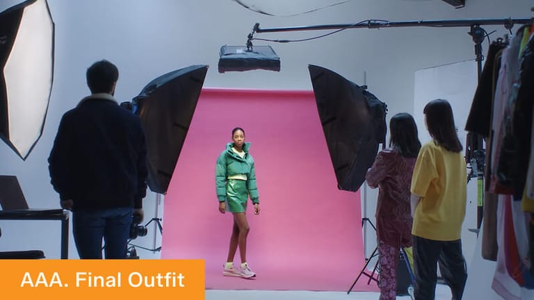 Film still labelled 4. Final Outfit — the completed look shot on a pink backdrop