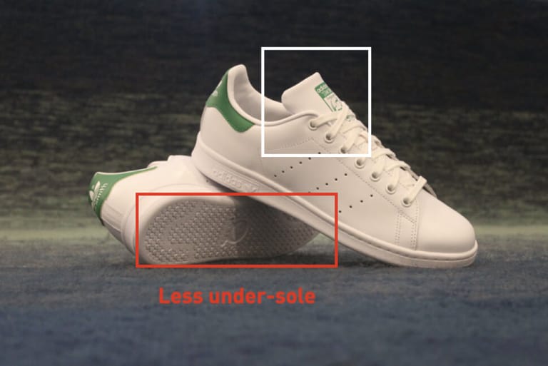 Stan Smith with its tongue marked and the reduced under-sole called out