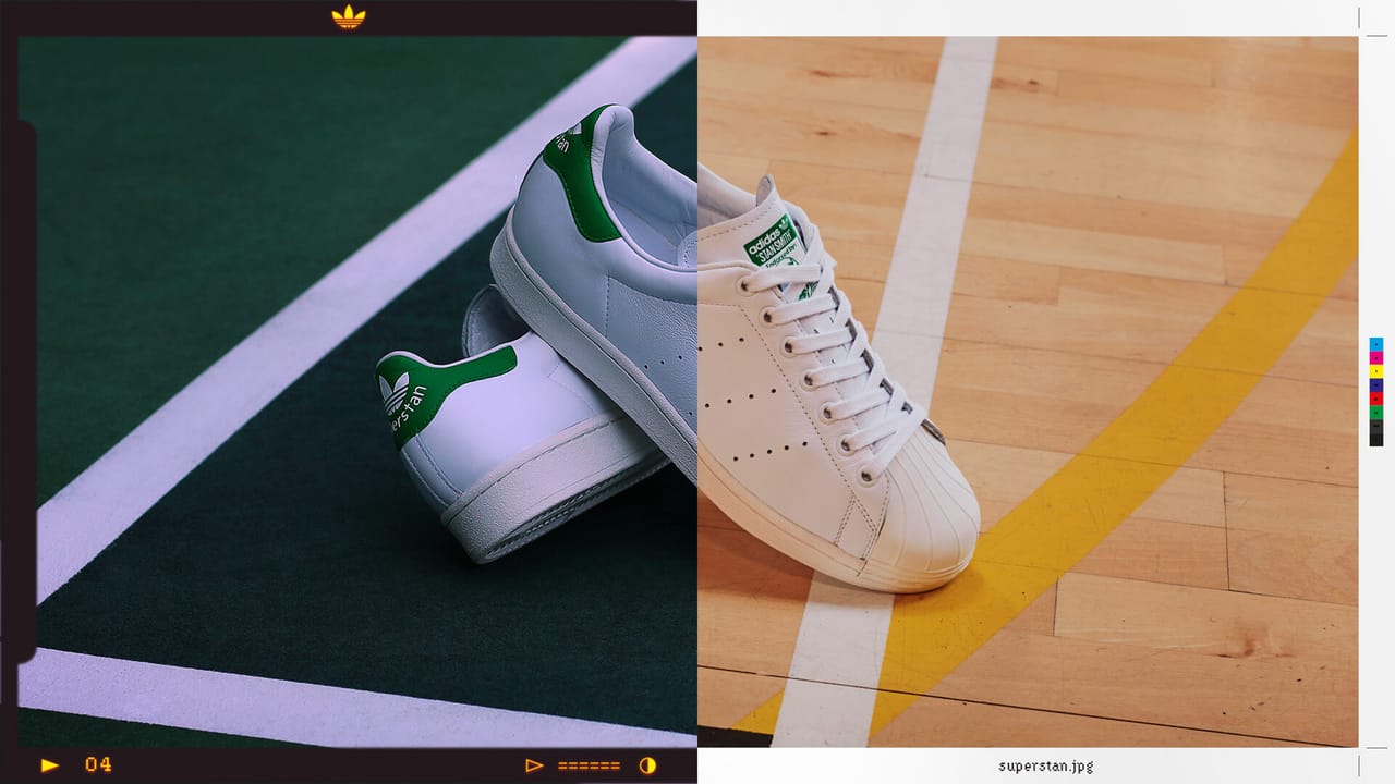 Superstan key visual contact sheet, the frame split between tennis court and basketball court
