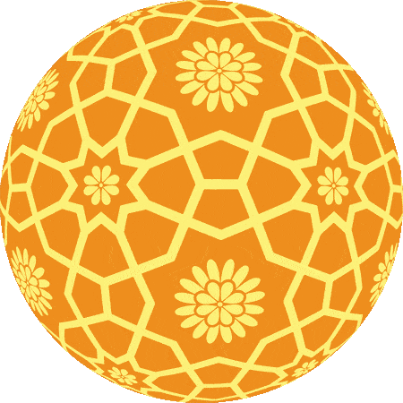 Animated career planet spinning — yellow geometric florals over an orange sphere