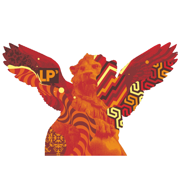 The winged griffin animating with the LP10 badge, its patterned wings cycling