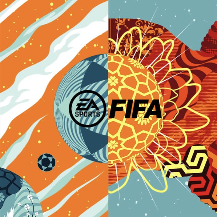 The EA Sports FIFA ball planet centred against the yellow sunburst