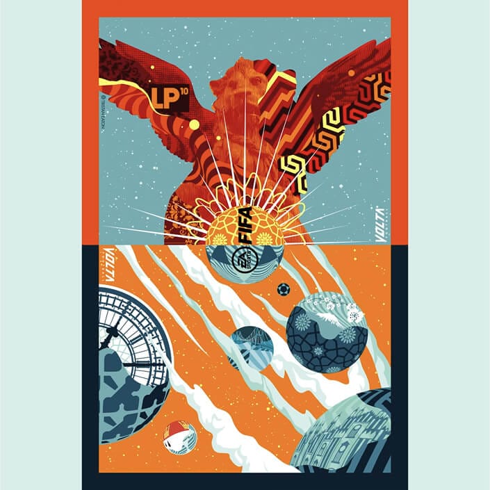 The complete pitch design, griffin above and career planets below