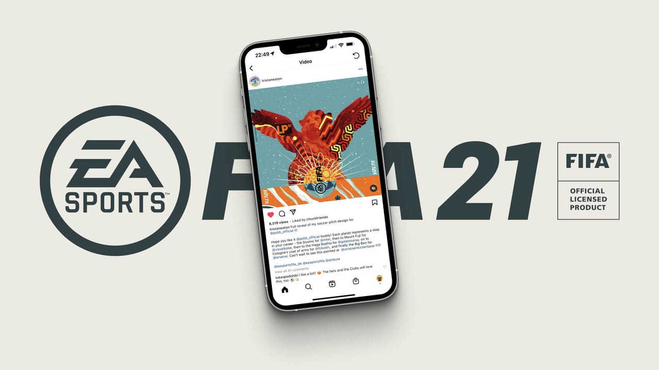 EA Sports FIFA 21 lockup with a phone showing Tristan Eaton's mural reveal post on Instagram